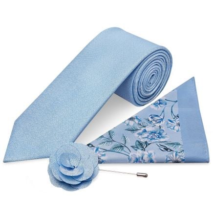 Classic Dusty Blue Mens Tie with Pocket Square and Lapel Pin Set
