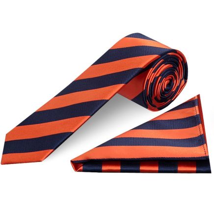 Navy and Orange Striped Skinny Men's Tie and Pocket Square Set