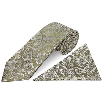 Mens Olive Floral Silk Classic Tie and Pocket Square