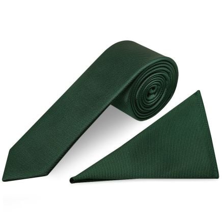 Bottle Green Silk Twill Skinny Mens Tie and Pocket Square Set