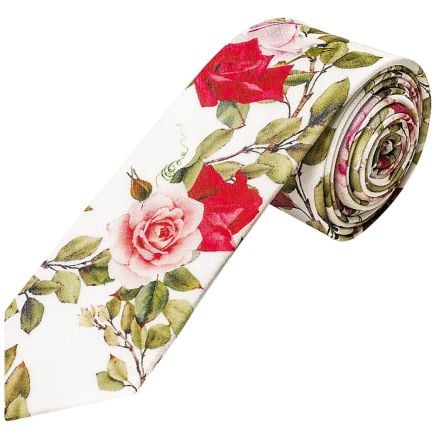 Men's White Cotton Skinny Tie with Green Leaves and Rose Pattern
