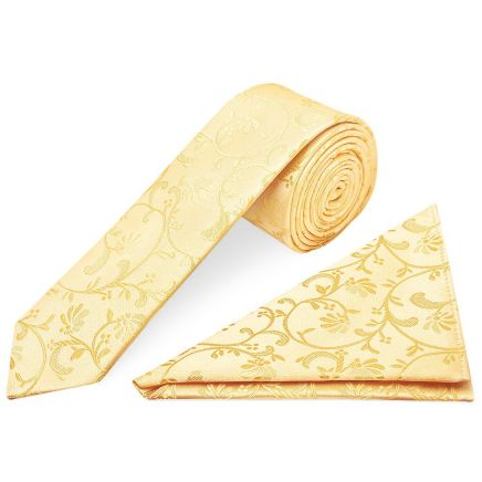 Gold Floral Skinny Men's Tie and Pocket Square Set