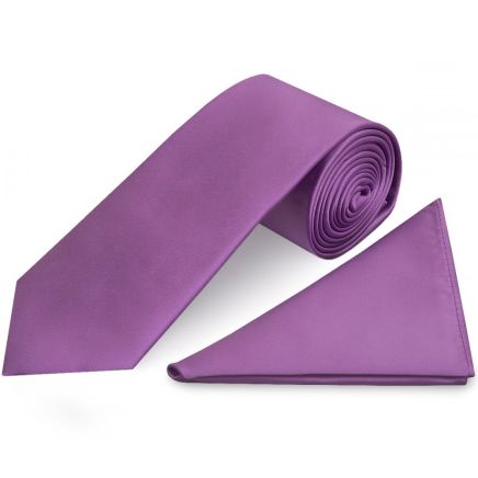 Plain Cadburys Purple Satin Classic Men's Tie and Pocket Square Set
