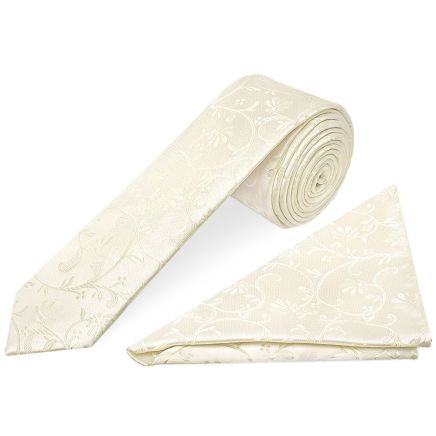 Ivory Floral Skinny Boys Tie and Pocket Square Set