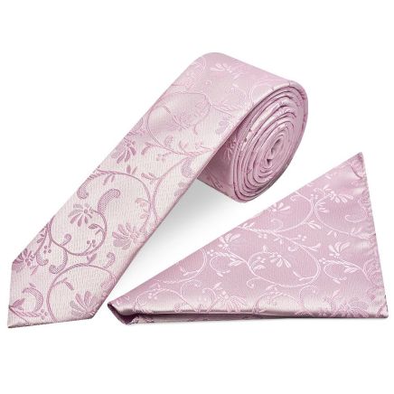 Light Dusty Pink Floral Skinny Men's Tie and Pocket Square Set