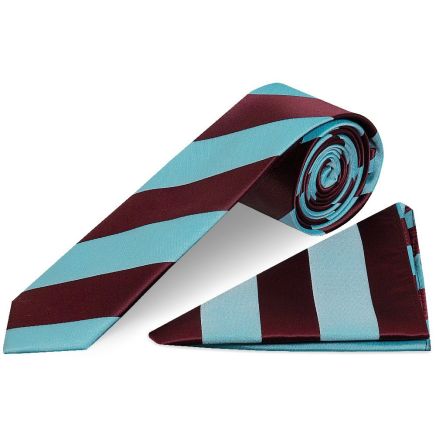Claret and Blue Striped Hand Made Skinny Men's Football Tie and Pocket Square Set
