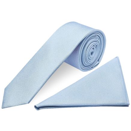 Plain Light Blue Silk Skinny Men's Tie and Pocket Square Set