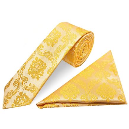 Bright Yellow Paisley Skinny Boys Tie and Pocket Square Set