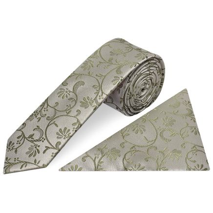 Dusty Sage Floral Skinny Boys Tie and Pocket Square Set