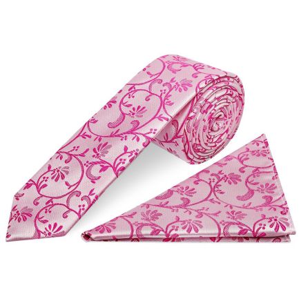Fuchsia Floral Skinny Men's Tie and Pocket Square Set