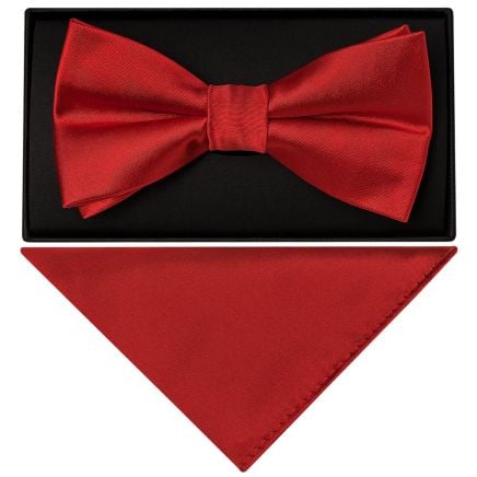 Scarlet Red Handmade Mens Bow Tie and Pocket Square Set