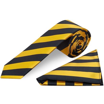Navy and Yellow Striped Skinny Men's Tie and Pocket Square Set