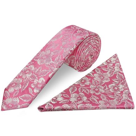 Mens Dusty Pink Floral Silk Skinny Tie and Pocket Square