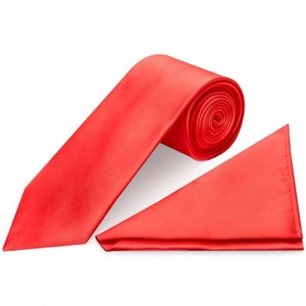 Plain Coral Pink Satin Classic Men's Tie and Pocket Square Set
