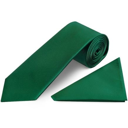 Plain Forest Green Satin Classic Men's Tie and Pocket Square Set