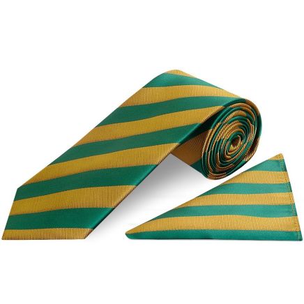 Green and Gold Striped Classic Men's Tie and Pocket Square Set