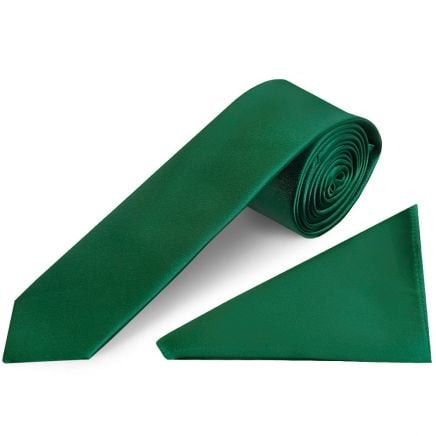 Plain Forest Green Satin Skinny Men's Tie and Pocket Square Set