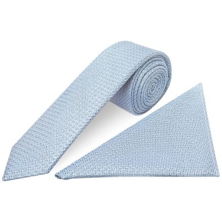 Plain Blue Grenadine Silk Skinny Men's Tie and Pocket Square Set