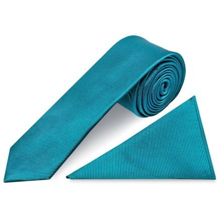 Turquoise Silk Twill Skinny Mens Tie and Pocket Square Set