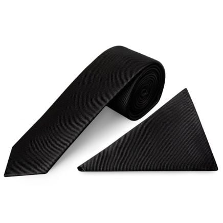 Black Silk Twill Skinny Mens Tie and Pocket Square Set