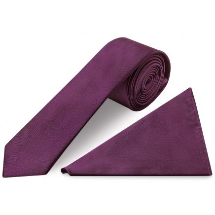 Plain Plum Satin Skinny Men's Tie and Pocket Square Set