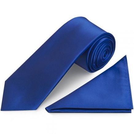 Plain Royal Blue Satin Classic Men's Tie and Pocket Square Set