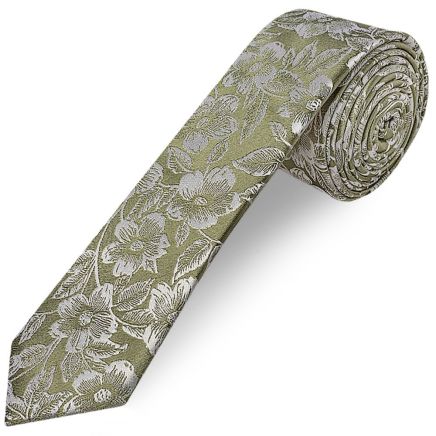 Mens Olive Floral Silk Skinny Tie