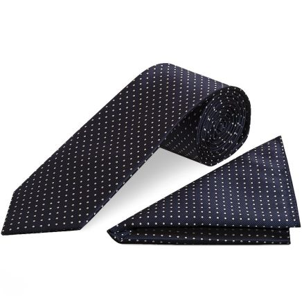 Navy Blue and White Polka Dot Classic Men's Tie Pocket Square Set
