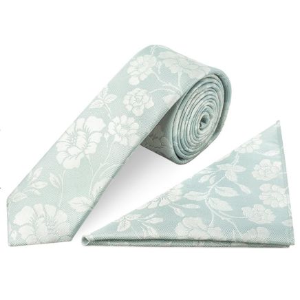 Duck Egg with White Floral Silk Skinny Tie and Pocket Square Set