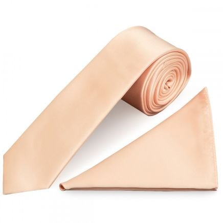 Plain Light Peach Satin Skinny Men's Tie and Pocket Square Set