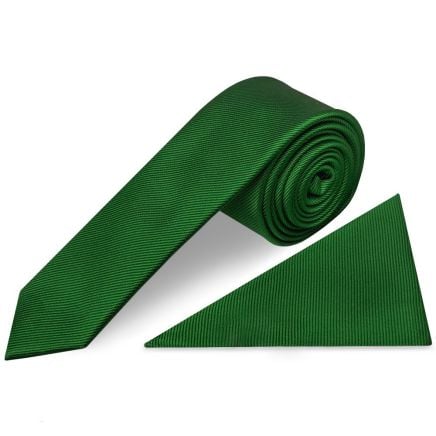 Green Silk Twill Skinny Mens Tie and Pocket Square Set