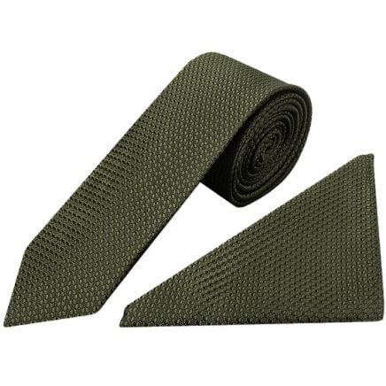 Olive Green Textured Skinny Tie and Pocket Square Set