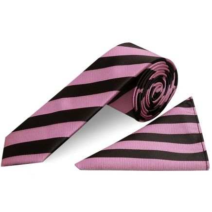 Black and Pink Striped Skinny Men's Tie and Pocket Square Set