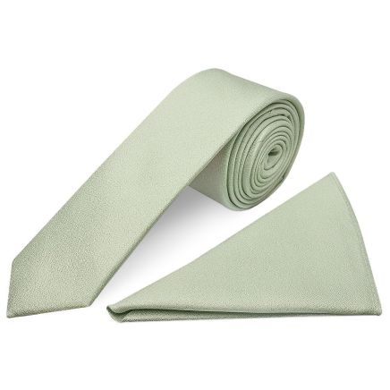 Plain Light Sage Green Silk Skinny Boys Tie and Pocket Square Set