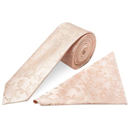 Light Peach Floral Skinny Men's Tie and Pocket Square Set