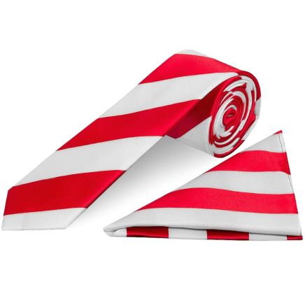 Red and White Striped Skinny Boys Tie Pocket Square Set