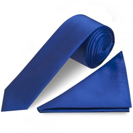 Plain Royal Blue Satin Skinny Men's Tie and Pocket Square Set