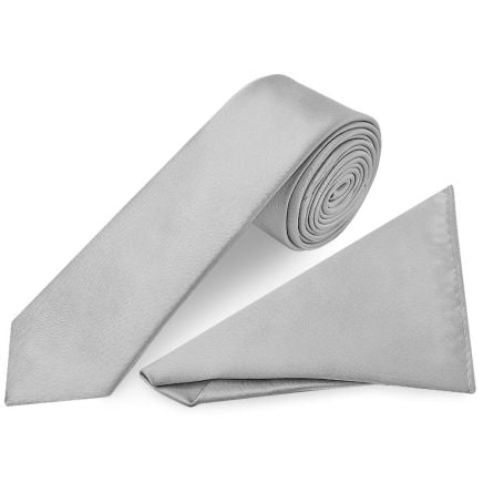 Plain Silver Satin Skinny Men's Tie and Pocket Square Set