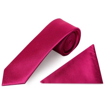 Fuchsia Pink Silk Twill Skinny Mens Tie and Pocket Square Set
