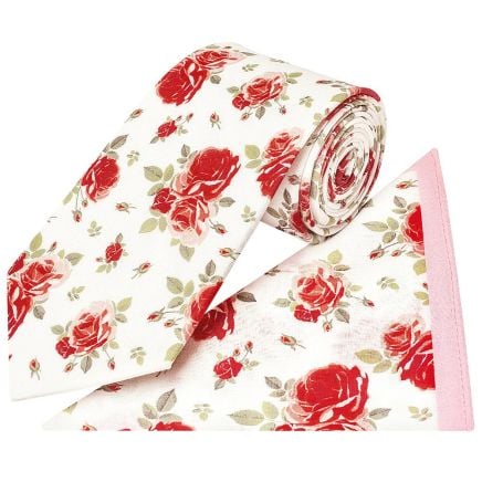White Cotton with Pink Rose Pattern Classic Tie and Pocket Square Set