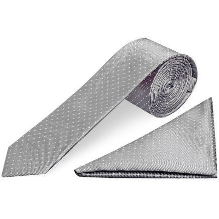 Silver and White Polka Dot Skinny Boys Tie and Pocket Square Set