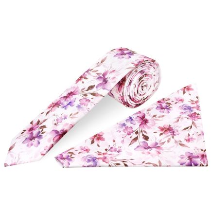 Pink Large Floral Mens Skinny Tie and Pocket Square Set