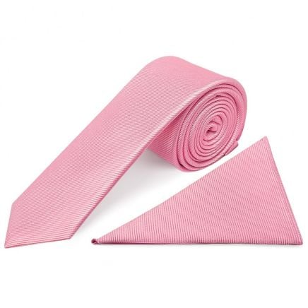 Blush Pink Silk Twill Skinny Mens Tie and Pocket Square Set