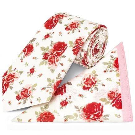 White Cotton with Pink Rose Pattern Classic Tie and Pocket Square Set