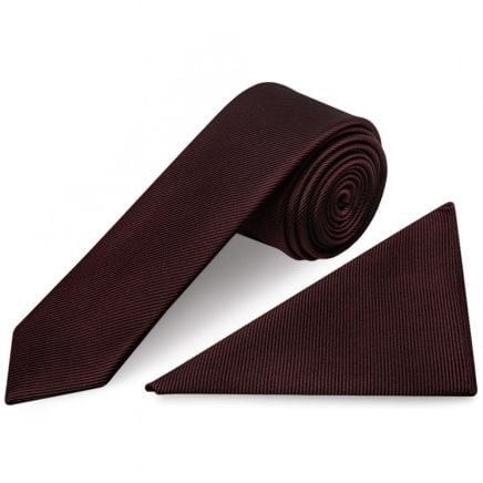 Burgundy Silk Twill Skinny Mens Tie and Pocket Square Set
