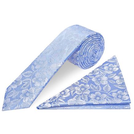 Mens Blue Floral Silk Skinny Tie and Pocket Square