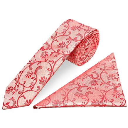 Coral Pink Floral Skinny Boys Tie and Pocket Square Set