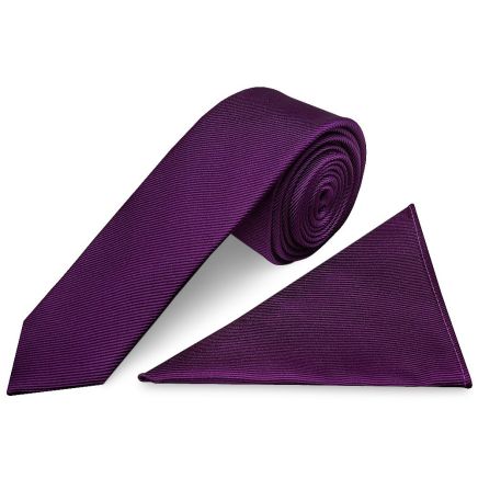 Purple Silk Twill Skinny Mens Tie and Pocket Square Set