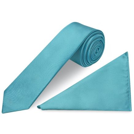 Turquoise Satin Skinny Boys Tie and Pocket Square Set
