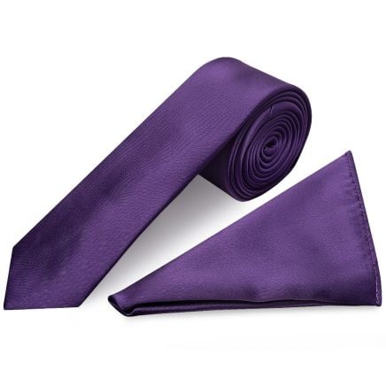 Purple Satin Skinny Boys Tie and Pocket Square Set
